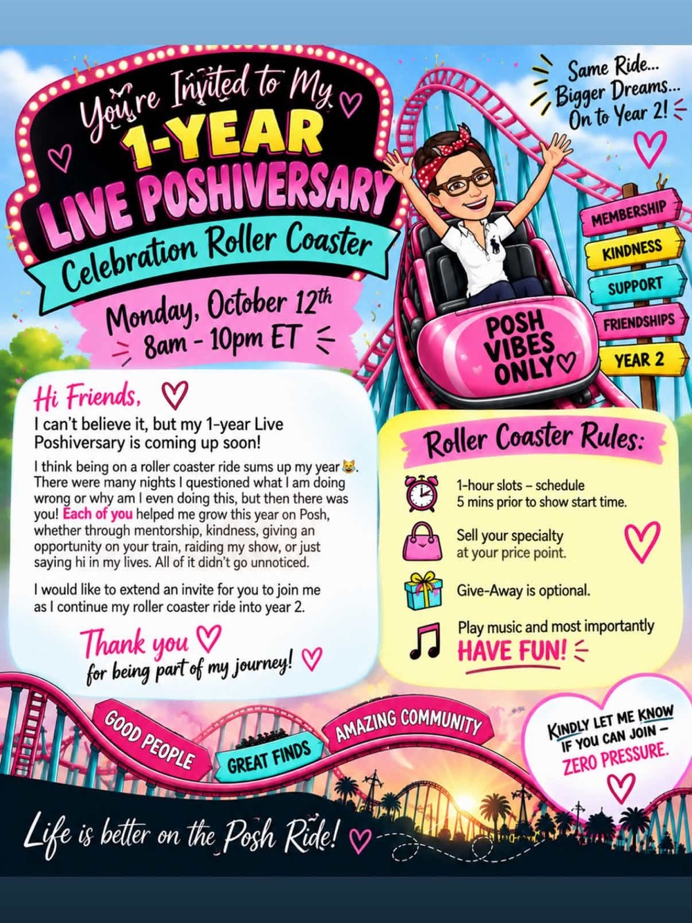 🎢. Dawn’s 1-yr Live Poshiversary Roller Coaster Oct 12th 8am-10pm ET 🎢
